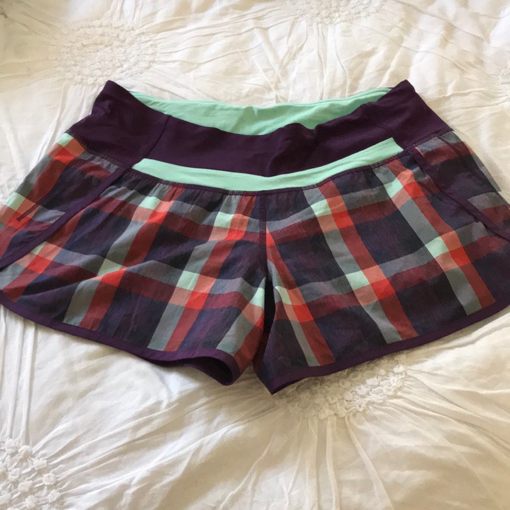 Teal and purple checkered lululemon shorts